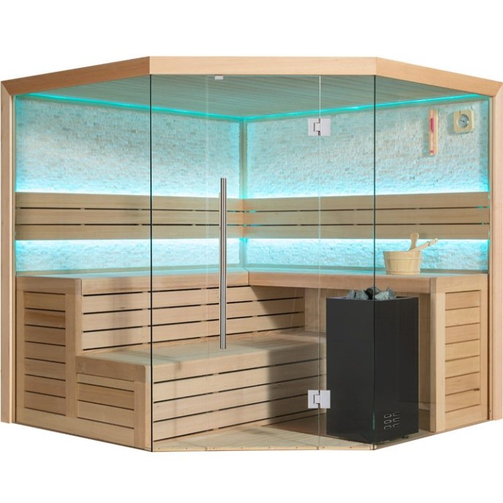 Finská sauna EAGO AWT B1601B hemlock 200×200 9 kW Virta Bi-O