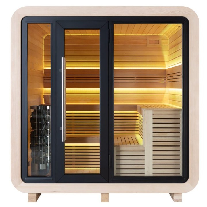 Zahradní sauna EAGO AWT THE CUBE X2 hemlock 225×225 s kamny Harvia na dřevo