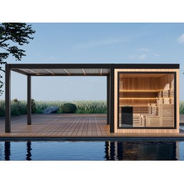 Zahradní sauna EAGO AWT Saunahaus THE CUBE X7-R za hemlock 300×635 12 kW EOS BiO-Cubo