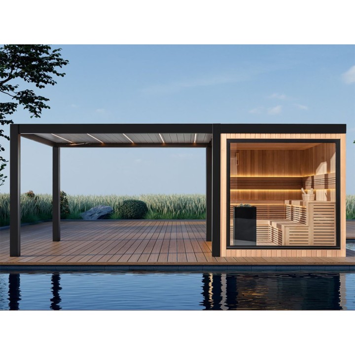 Zahradní sauna EAGO AWT Saunahaus THE CUBE X7-R za hemlock 300×635 12 kW EOS Cubo