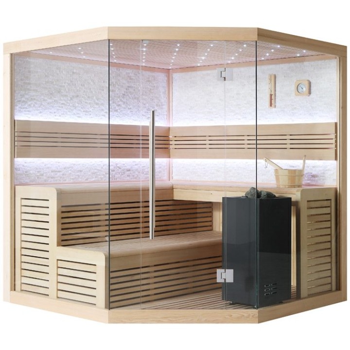 Finská sauna EAGO AWT B1101B hemlock 200×200 9 kW Virta Bi-O
