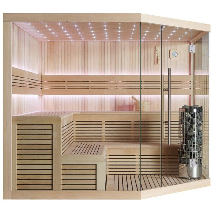 Finská sauna EAGO AWT E1111 XL hemlock 250×250 9 kW Cilindro