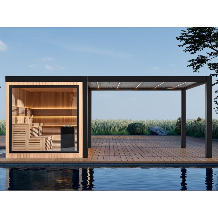 Zahradní sauna EAGO AWT Saunahaus THE CUBE X7-L za hemlock 300×635 12 kW EOS BiO-Cubo
