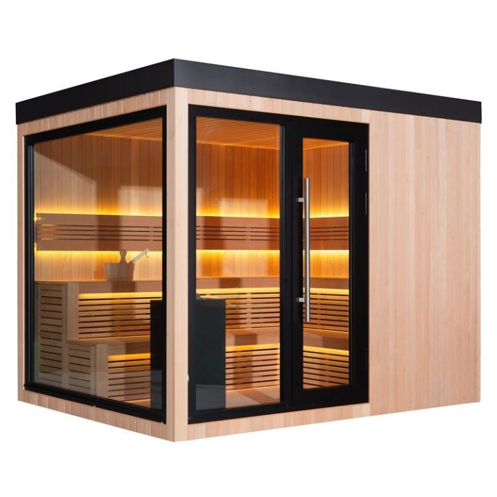 Zahradní sauna EAGO AWT Saunahaus THE CUBE X7-L za hemlock 300×635 12 kW EOS BiO-Cubo