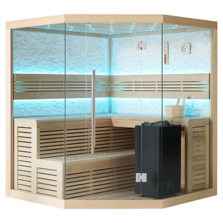 Finská sauna EAGO AWT B1101C hemlock 180×180 9 kW Virta Bi-O