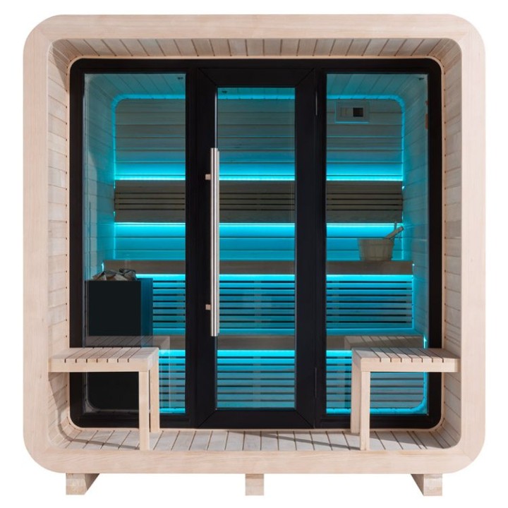 Zahradní sauna EAGO AWT Saunahaus THE CUBE X3 hemlock 225×225 9 kW EOS BiO-Cubo