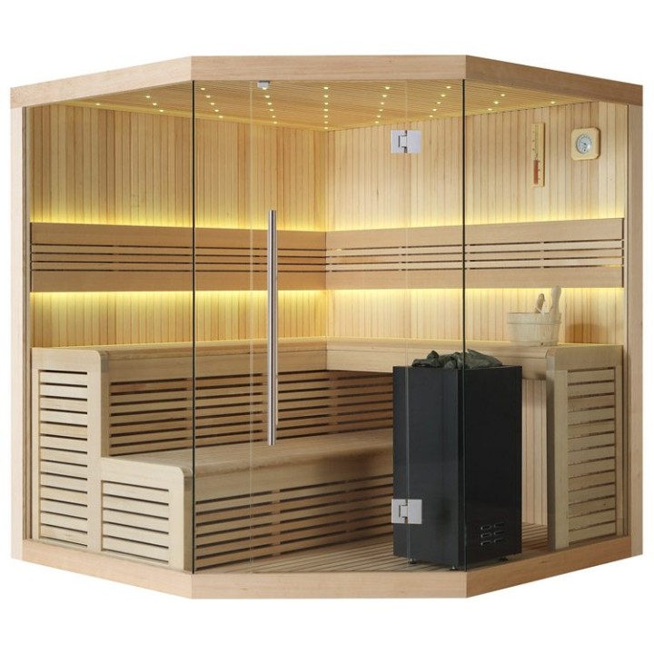 Finská sauna EAGO AWT B1111B hemlock 200×200 9 kW Virta Bi-O