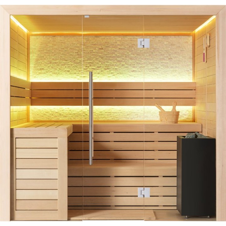 Finská sauna EAGO AWT B1602B hemlock 200×170 9 kW Virta Bi-O