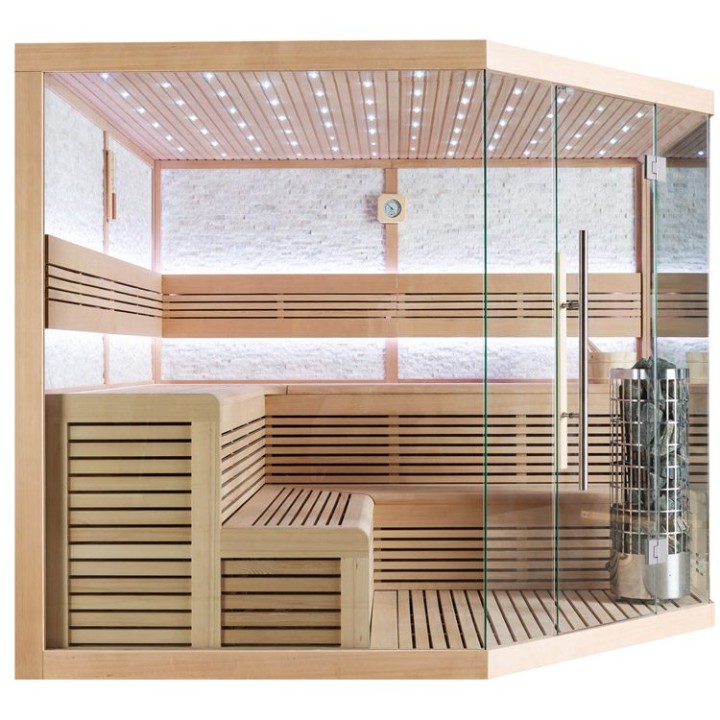 Finská sauna EAGO AWT B1101 XL hemlock 250×250 9 kW Virta Bi-O