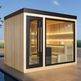 Zahradní sauna EAGO AWT Saunahaus THE CUBE X6 hemlock 300×235 12 kW EOS Cubo