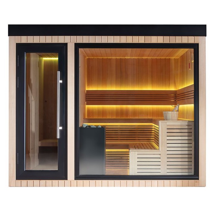 Zahradní sauna EAGO AWT Saunahaus THE CUBE X6 hemlock 300×235 12 kW EOS Cubo