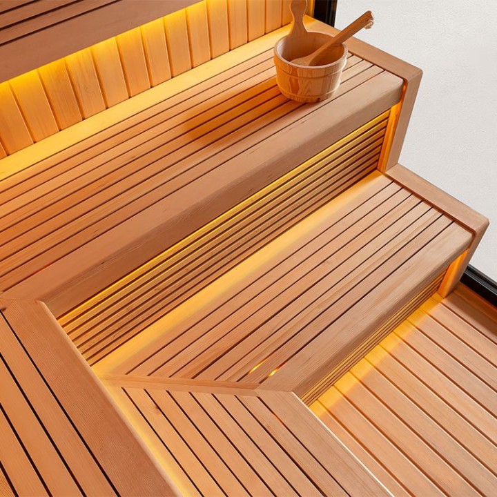 Zahradní sauna EAGO AWT Saunahaus THE CUBE X6 hemlock 300×235 12 kW EOS Cubo