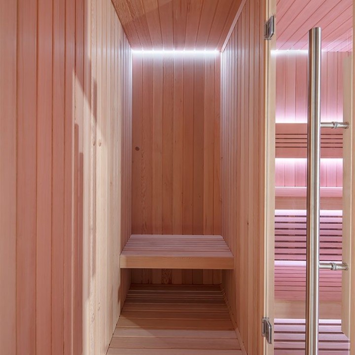 Zahradní sauna EAGO AWT Saunahaus THE CUBE X6 hemlock 300×235 12 kW EOS Cubo