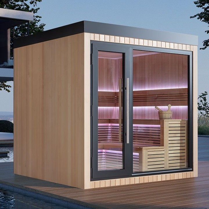 Zahradní sauna EAGO AWT Saunahaus THE CUBE X4 hemlock 235×235 9 kW Cilindro