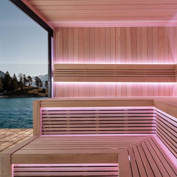 Zahradní sauna EAGO AWT Saunahaus THE CUBE X4 hemlock 235×235 9 kW Cilindro