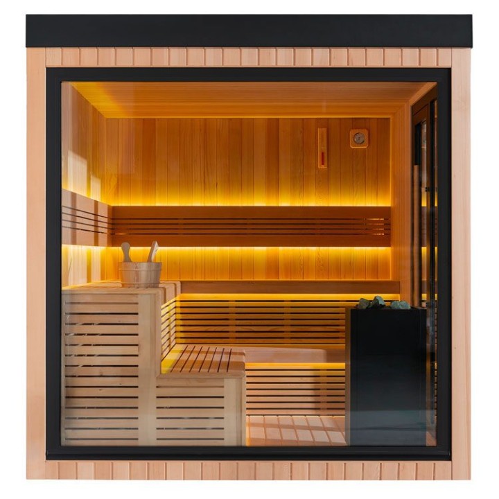 Zahradní sauna EAGO AWT Saunahaus THE CUBE X7-L hemlock 300×235 12 kW EOS Cubo