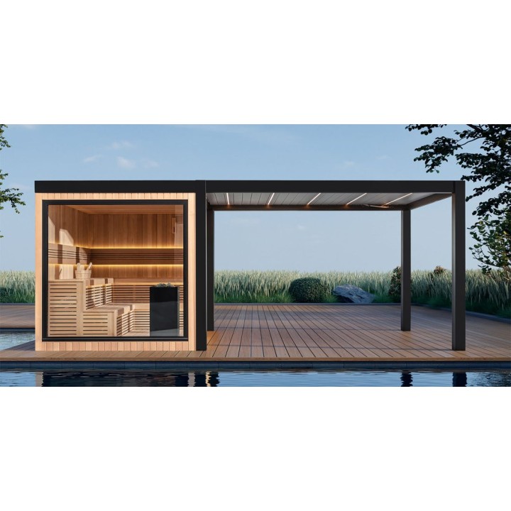Zahradní sauna EAGO AWT Saunahaus THE CUBE X7-L hemlock 300×235 12 kW EOS Cubo