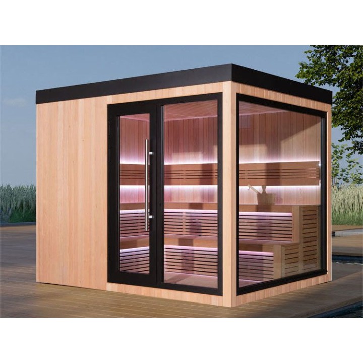 Zahradní sauna EAGO AWT Saunahaus THE CUBE X7-R hemlock 300×235 bez kamen