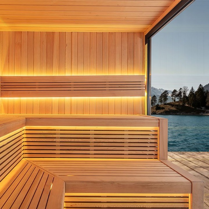 Zahradní sauna EAGO AWT Saunahaus THE CUBE X5-R hemlock 235×235 9 kW EOS Cubo