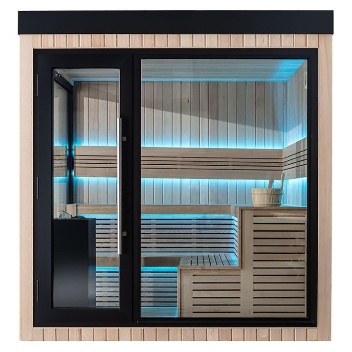 Zahradní sauna EAGO AWT Saunahaus THE CUBE X5-L hemlock 235×235 9 kW Cilindro
