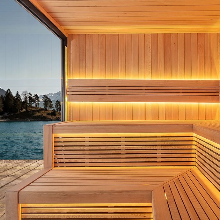 Zahradní sauna EAGO AWT Saunahaus THE CUBE X5-L hemlock 235×235 9 kW Cilindro