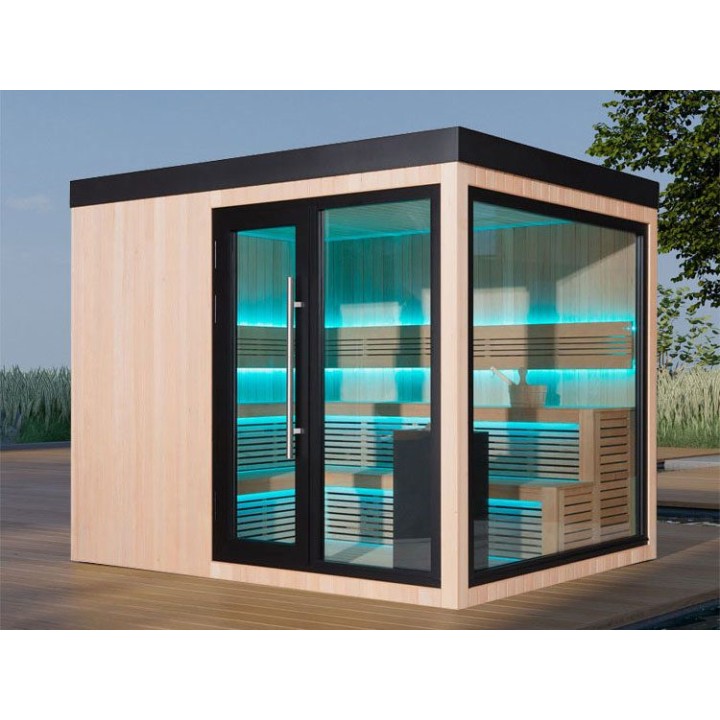 Zahradní sauna EAGO AWT Saunahaus THE CUBE X7-R hemlock 300×235 12 kW EOS BiO-Cubo
