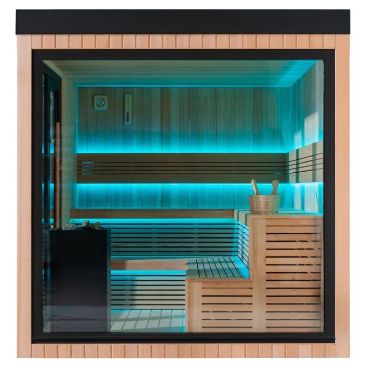 Zahradní sauna EAGO AWT Saunahaus THE CUBE X7-R hemlock 300×235 12 kW EOS BiO-Cubo