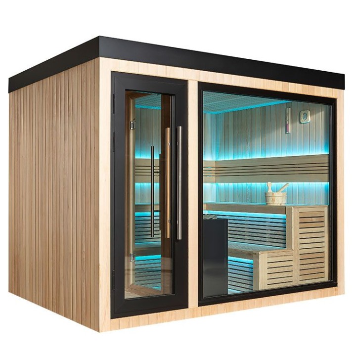 Zahradní sauna EAGO AWT Saunahaus THE CUBE X6 hemlock 300×235 12 kW EOS BiO-Cubo