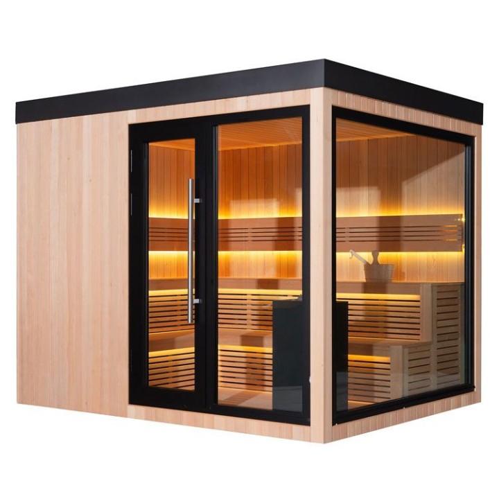 Zahradní sauna EAGO AWT Saunahaus THE CUBE X7-R hemlock 300×235 12 kW EOS Cubo