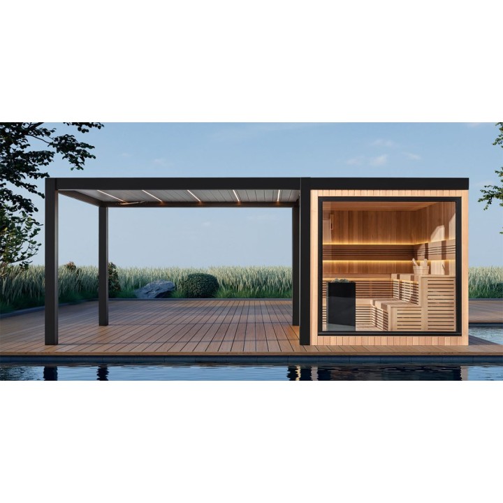 Zahradní sauna EAGO AWT Saunahaus THE CUBE X7-R hemlock 300×235 12 kW EOS Cubo