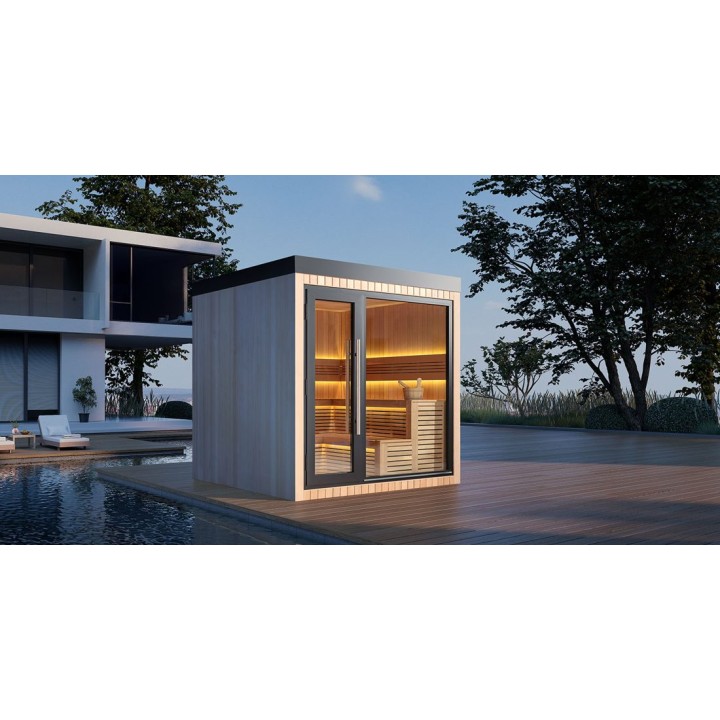 Zahradní sauna EAGO AWT Saunahaus THE CUBE X4 hemlock 235×235 9 kW EOS BiO-Cubo