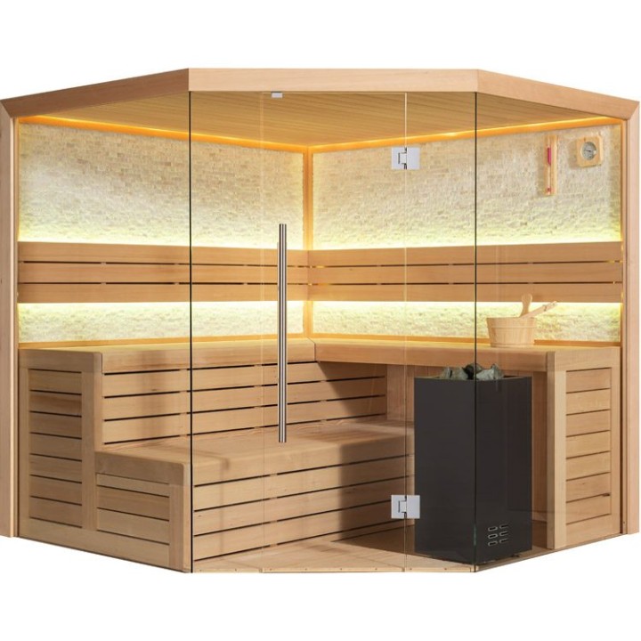 Finská sauna EAGO AWT B1601C hemlock 180×180 9 kW Virta Bi-O