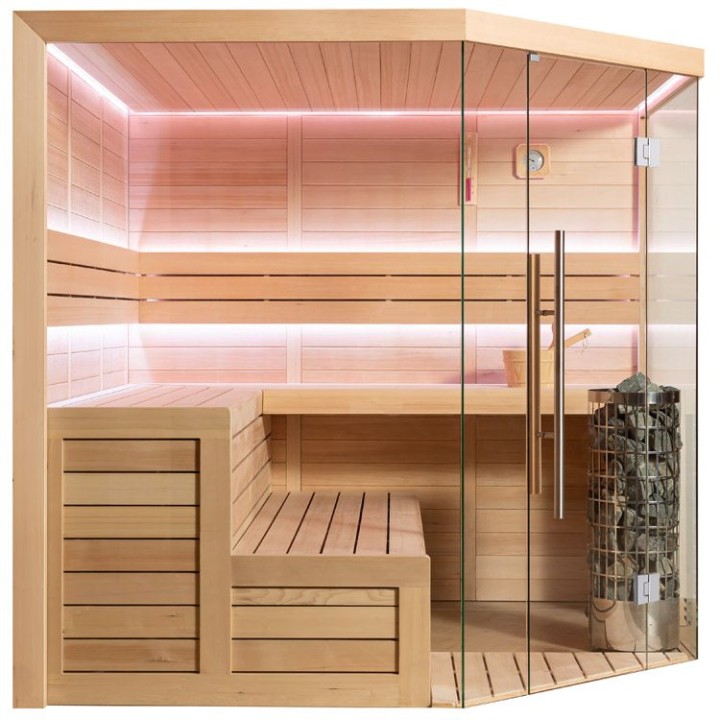 Finská sauna EAGO AWT B1611C hemlock 180×180 9 kW Virta Bi-O