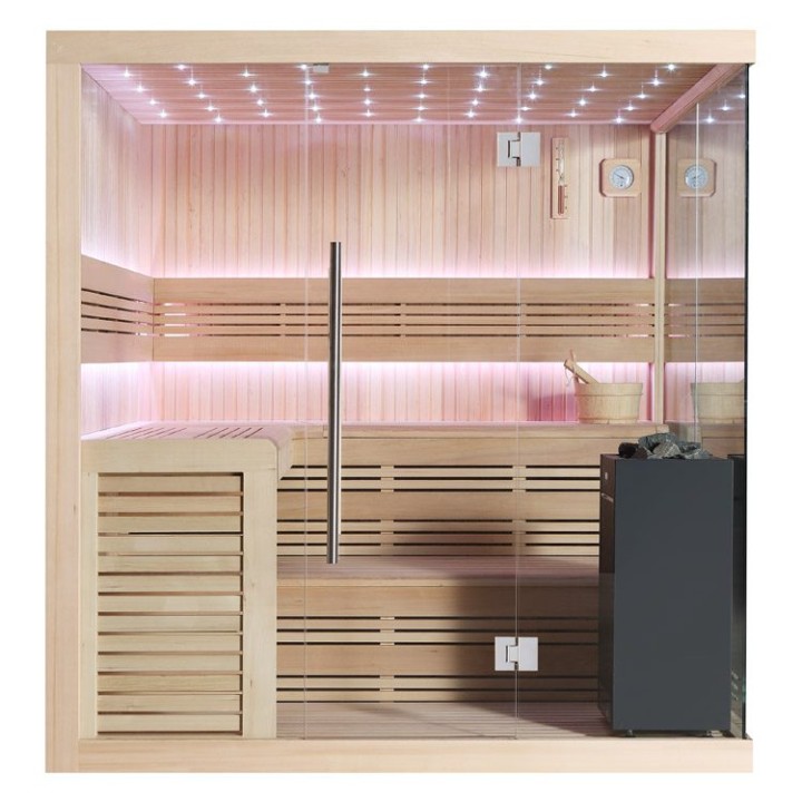Finská sauna EAGO AWT E1115B hemlock 200×200 9 kW Virta