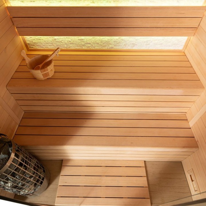 Finská sauna EAGO AWT E1604B hemlock 180×150 6 kW TheWall
