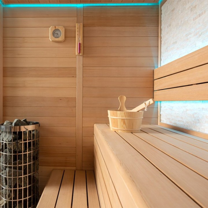 Finská sauna EAGO AWT E1604B hemlock 180×150 6 kW TheWall